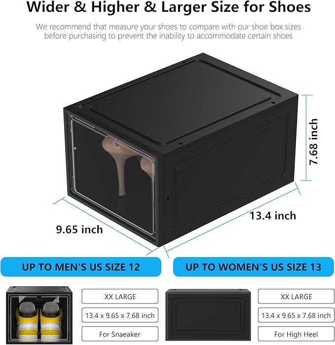 MCIJRJOI 12 Pack Hard Sturdy Thickened Rigid XX Large Shoe Storage Organizer for Closet, Clear Stackable Sneaker Shoe Boxes Rack Containers Display Case Bins with Lids, Black03