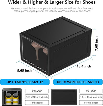MCIJRJOI 12 Pack Hard Sturdy Thickened Rigid XX Large Shoe Storage Organizer for Closet, Clear Stackable Sneaker Shoe Boxes Rack Containers Display Case Bins with Lids, Black03
