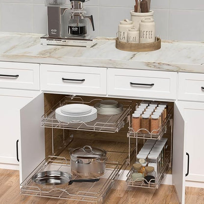 OCG 2 Tier Pull Out Cabinet Organizer (12.5" W x 18" D), Pull Out Drawers for Kitchen Cabinets, Pull Out Shelves for Base Cabinet Organization in Kitchen Bathroom Pantry, Chrome Finish