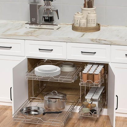 OCG 2 Tier Pull Out Cabinet Organizer (9.5" W x 21" D), Pull Out Drawers for Kitchen Cabinets, Pull Out Shelves for Base Cabinet Organization in Kitchen Bathroom Pantry, Chrome Finish