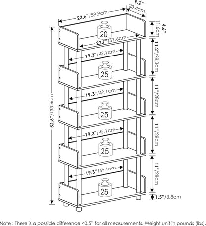 Furinno TURN-N-TUBE 5-Tier Display Shelf, Storage Shelves, Book Shelf, Open Shelves with Rounded Corner Top Edges, for Organization and Storage, Living Room, Home Office, Amber Pine