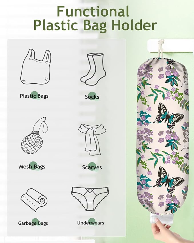 Plastic Bag Holder Organizer - 1 Pack Reusable Canvas Grocery Bags Holder Hanging Wall Cute Aesthetic Shopping Bag Storage Dispenser with Drawstring Closure for Kitchen Home, Butterfly