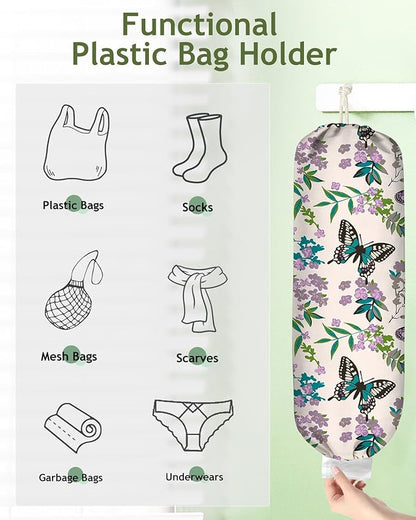 Plastic Bag Holder Organizer - 1 Pack Reusable Canvas Grocery Bags Holder Hanging Wall Cute Aesthetic Shopping Bag Storage Dispenser with Drawstring Closure for Kitchen Home, Butterfly
