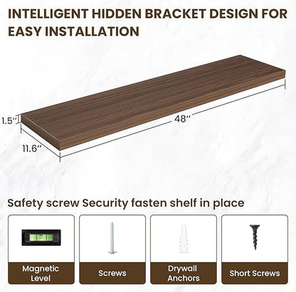 48 Inch Floating Shelves, 12 Inch Deep Floating Shelves for Wall, Floating Shelf with Invisible Brackets, Deep Shelves for Bathroom, Bedroom, Living Room, 1 Pack, Walnut