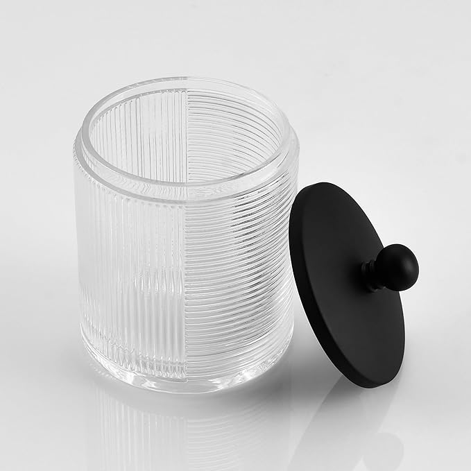 Indecor Home Clear Transparent Apothecary Ribbed Geometric Etched Glass Jar W/Matte Black Metal Lid Cover for Bathroom Organization, Cotton Balls, Q Tips, and Small Accessories, Bathroom Storage