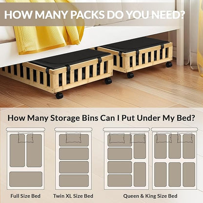Gashell 2 Pack Bamboo Under Bed Storage with Wheels, 39”x20”x7.8” Lager Under Bed Storage Containers (Natural)