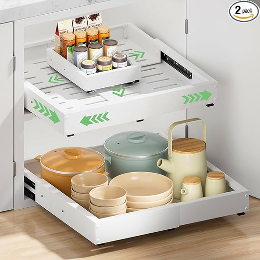 BUFOR 2 Pack Pull out Cabinet Organizer, Width (12"-19") Depth (17"-23"), with 3 Rails Adjustable Slide, Expandable Pullout Drawers for Cabinets, No Drill Adhesive Kitchen Drawers for Pantry Shelves