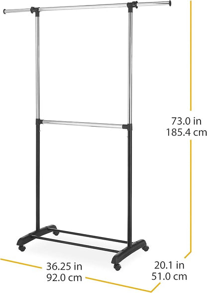 Whitmor Adjustable 2-Rod Garment Rack - Rolling Clothes Organizer - Black and Chrome
