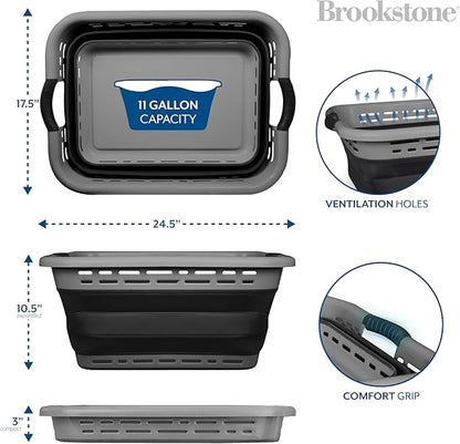 BROOKSTONE 11 GALLON XL 24" Collapsible Laundry Basket, Comfort Non-Slip Grip Handles, Modern Minimalist Space Saving Design, Portable Pop-Up Hamper, BPA FREE, Dark Grey, 1 Basket
