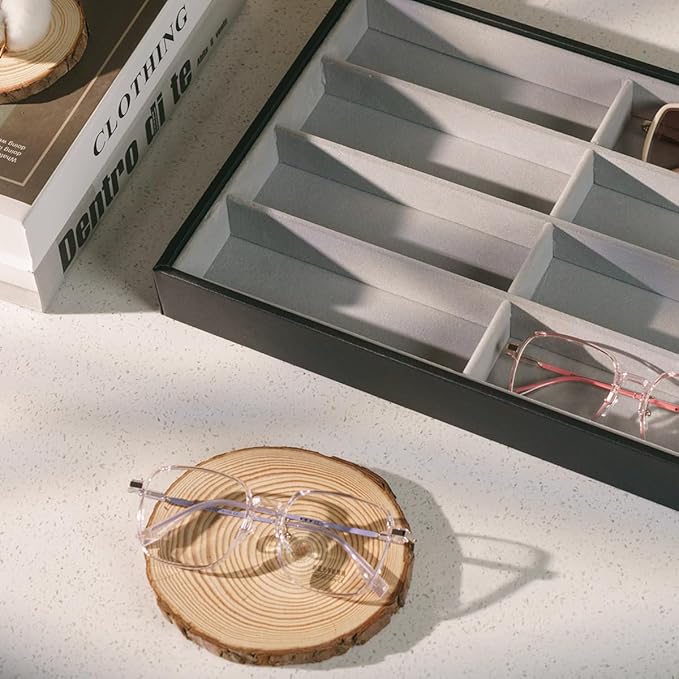 XHMQYC Glasses Holder Box Drawer Sunglass Organizer for Men Clear Wide Storage Case 8 Slots Multiple Reading Glasses Display, Black Leather