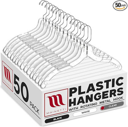 Mainetti 5400SCR Clear Plastic Hangers - 50 Pack with 360 Swivel Metal Hook and Notches for Straps, Great for Shirts/Tops/Dresses, 17-Inch
