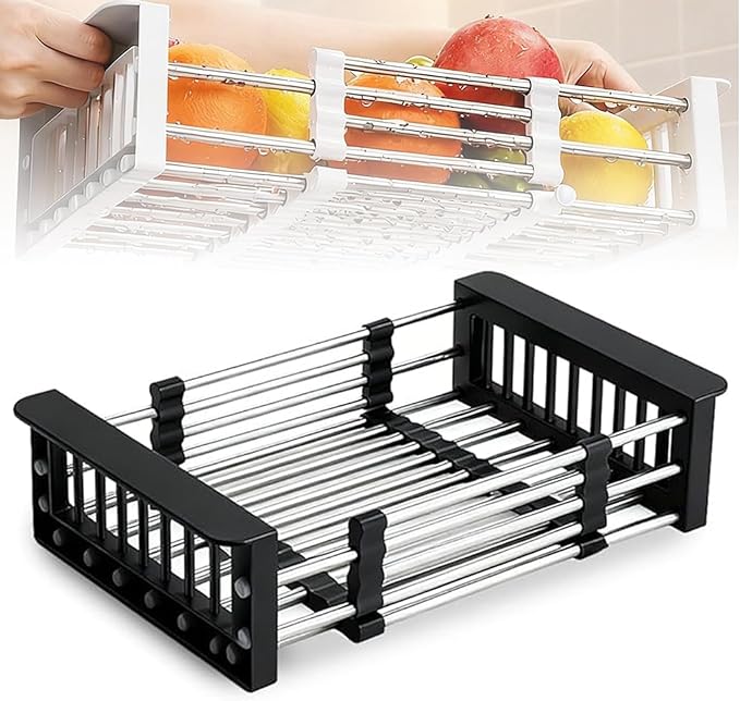 Extend Kitchen Sink Drain Basket, Adjustable & Expandable Stainless Steel Dish Drainers for Kitchen Counter, Portable & Telescopic Space-Saving Solution for Fruit Vegetable