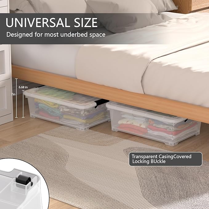 Minekkyes 20 Quart Plastic Under Bed Storage Containers, Latching Storage Boxes with Wheels, Clear Under Bed Storage Bins, 4 Pack