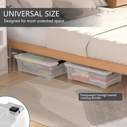 Minekkyes 20 Quart Plastic Under Bed Storage Containers, Latching Storage Boxes with Wheels, Clear Under Bed Storage Bins, 4 Pack