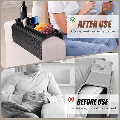 Foldable Bamboo Couch Arm Tray with Cup Holder - Anti-Slip Sofa Armrest Organizer for Drinks, Snacks, Remotes, Phones & More - Eco-Friendly Home Decor Gift (Black)