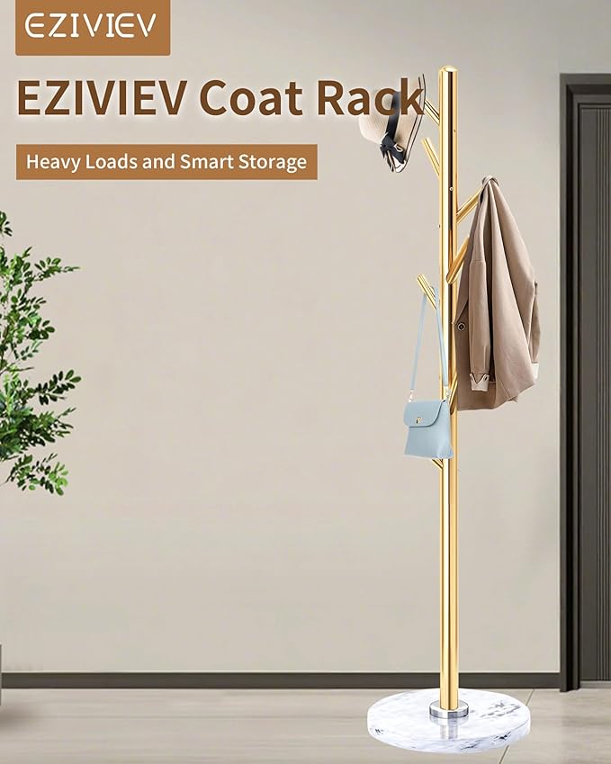 Modern Coat Rack Stand, Metal Freestanding Coat Rack with Natural Marble Base, Golden Coat Racks with 8 Hooks and Coat Hanger Tree Jacket Stand for Office, Entryway, Hallway