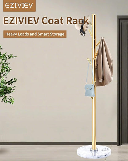 Modern Coat Rack Stand, Metal Freestanding Coat Rack with Natural Marble Base, Golden Coat Racks with 8 Hooks and Coat Hanger Tree Jacket Stand for Office, Entryway, Hallway