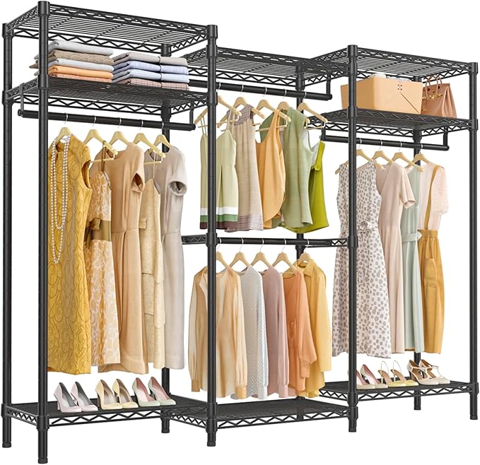 VIPEK V5i Garment Rack Heavy Duty Clothes Rack for Hanging Clothes, Portable Wardrobe Closet Freestanding Clothing Rack with 8 Adjustable Shelves & 4 Hang Rods, 68.9" L x 15.7" W x 76.4" H, Black