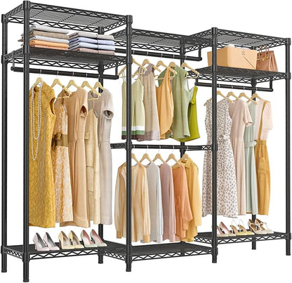 VIPEK V5i Garment Rack Heavy Duty Clothes Rack for Hanging Clothes, Portable Wardrobe Closet Freestanding Clothing Rack with 8 Adjustable Shelves & 4 Hang Rods, 68.9" L x 15.7" W x 76.4" H, Black