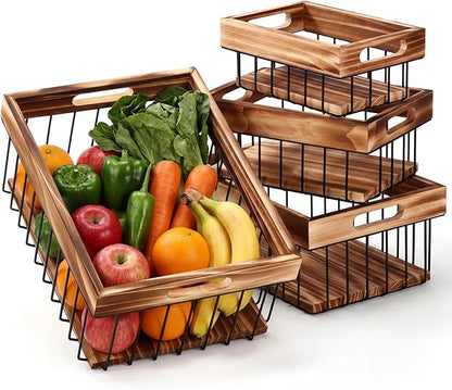 4 Pack Metal Wire Storage Basket, Multiple Sizes Basket with Handles Wooden Top and Bottom Containers Organizer Rustic Farmhouse Decor for Kitchen Cabinets, Bathroom, Pantry, Laundry Room