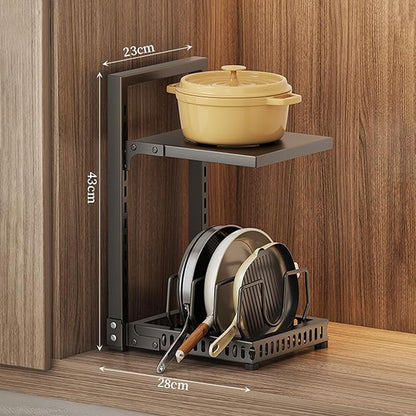 Dxcaicc Adjustable Pot Organizer Rack for Under Cabinet, Heavy Duty Storage Holder for Pots, Pans, and Lids, Space-Saving Kitchen Shelf Organizer,Black,Second Layer
