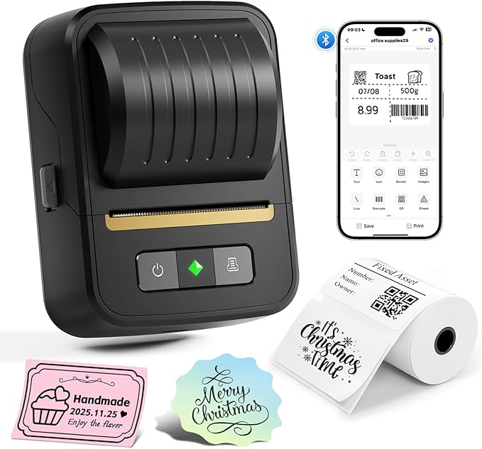 NADAllN Label Maker Machine with Tape, Bluetooth Thermal Label Printer for Small Business, Address, Barcode, Logo, Clothing, Label Makers for Office Home School
