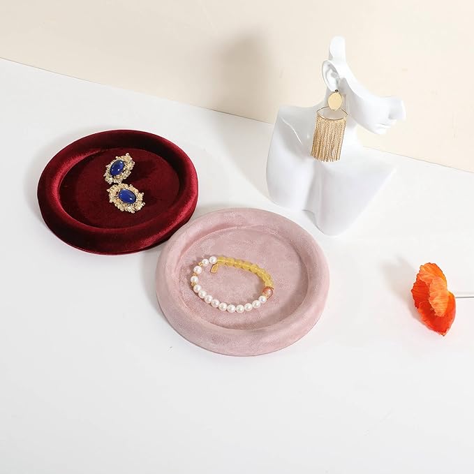 GemeShou Round Jewelry Organizer Plate, Top Microfiber Velvet Jewelry Display Tray, Empty Jewelry Showcase Tray for Necklaces, Bracelets, Rings, Earrings (Pink-Small, 5.9 x 5.9 in)