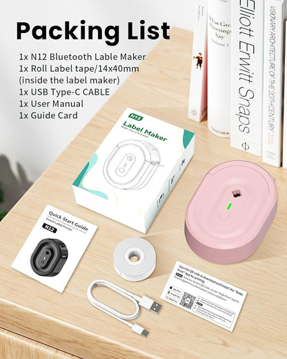 N12 Label Maker Machine with Tape, Mini Bluetooth Label Printer, Small Labeler Portable Thermal Label Makers Multiple Templates for Home School Office Kitchen