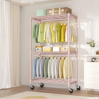 FUTASSI P3 Rolling Clothes Rack, Clothing Racks for Hanging Clothes, Heavy Duty Garment Rack with Wheels, Freestanding Portable Closet Organizer 39.4''W x 14''D x 78.5''H, Max Load 464 LBS, Pink