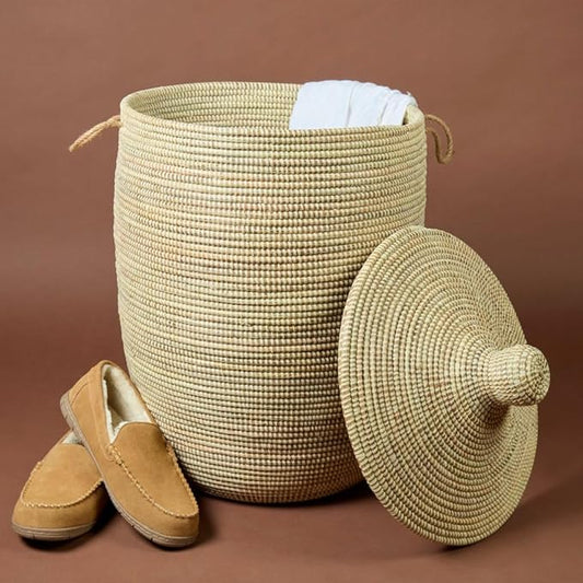 Tall Large Decorative Wicker Storage Basket with Lid, Laundry Hamper, Blanket Storage, Toys Bin, Clothes Holder, Boho Style (Beige)