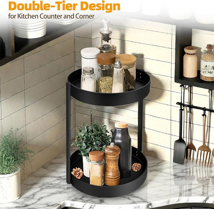 2 Tier Metal Lazy Susan Organizer, 12 Inch Rotating Turntable Double Lazy Susans for Cabinet Kitchen Bathroom, Anti-Rust Two Tiered Spinner Tray Carousel Organizer for Spice Rack Countertop Black