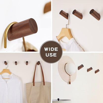 Wood Wall Hooks, 6 Pack Natural Wooden Coat Hooks Wall-Mounted, Rustic Heavy Duty Hook for Hanging Towels Coats Plants, Entryway Hat Hanger Wall Coat Rack (Walnut Wood)