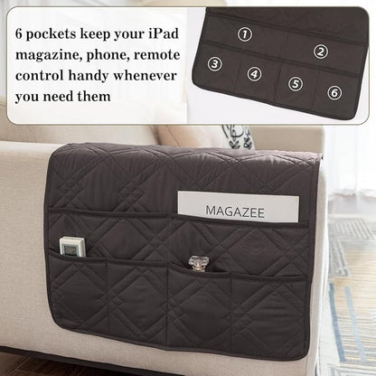 HADEEONG Couch Armrest Organizer Remote Control Holder Bedside Caddy with 6 Pockets, Non-Slip Armchair Caddy Sofa Armrest Organizer for Tv Remote Control, Magazine, Cell Phone, Chocolate