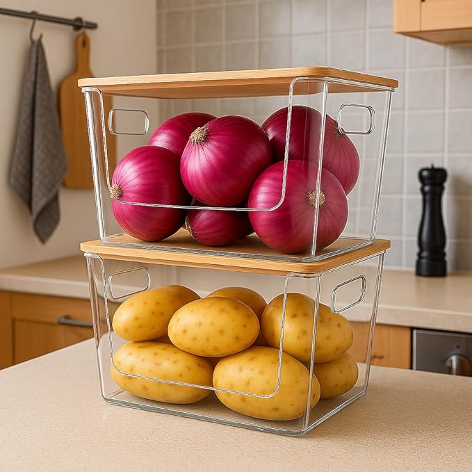 2 Pack Trash Bag Holder with Bamboo Lid - Stackable Under Sink Organizer & Garbage Bag Dispenser for Kitchen Organization - Large Plastic Holder for Laundry Room, Pantry, Bathroom, Cabinets