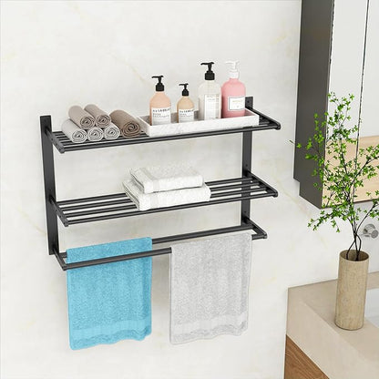 Towel Racks for Bathroom 24 Inch, 3 Tier Towel Shelf with Double Towel Bar, Wall Mounted Towel Rack SUS 304 Stainless Steel, Towel Storage for Bathroom Lavatory, Black