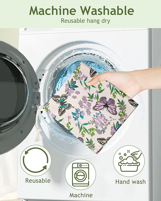 Plastic Bag Holder Organizer - 1 Pack Reusable Canvas Grocery Bags Holder Hanging Wall Cute Aesthetic Shopping Bag Storage Dispenser with Drawstring Closure for Kitchen Home, Butterfly
