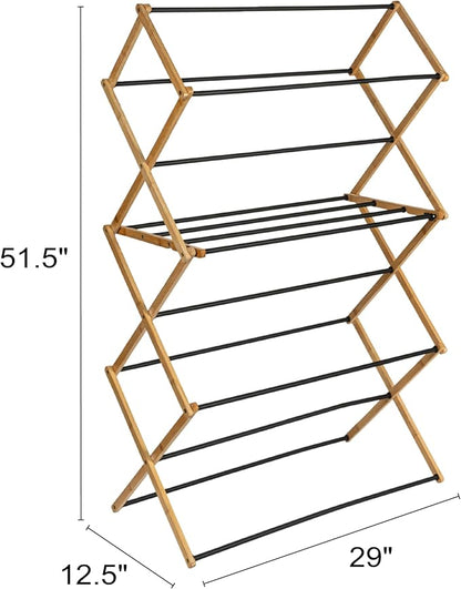 Household Essentials Bamboo Folding Clothes Drying Rack | Large Capacity, 14 Coated Metal Dowels, 28 Feet of Drying Space | Eco-Friendly, Collapsible Indoor Rack for Apartments, Homes & Dorms