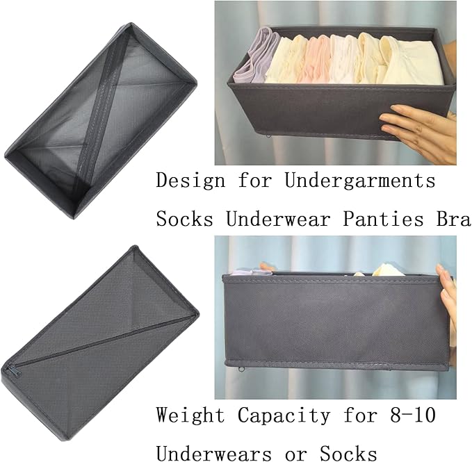 Sock Drawer Organizer Set of 3 Pack Gray, 11" Small Collapsible Fabric Underwear Dividers, Closet Foldable Dresser Storage Bins