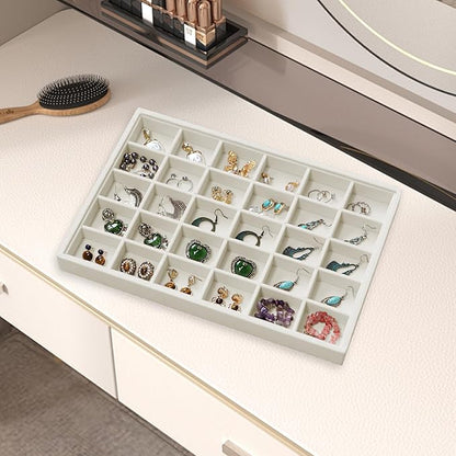 Wudygirl Jewelry Organizer Stackable Jewelry Tray for Drawer Velvet Earring Holder Organizer with Lid Dust-proof Earring Case Ring Storage for Women Drawer Inserts 30 Grid (Beige)