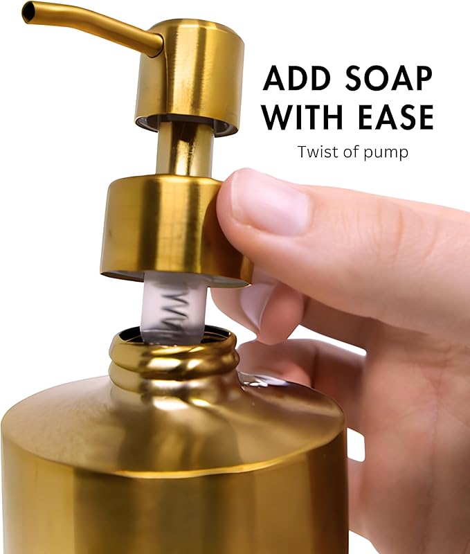 Yew Design - Brass Soap Dispenser for Bathroom (Stainless Steel) and Kitchen - Hand Soap, Detergent, or Lotion Dispenser, 15oz