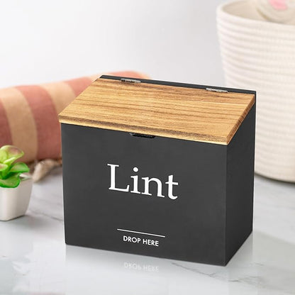 Magnetic Lint Bin for Laundry Room - Compact Size, Wooden Dryer Lint Holder with Lid - Rustic Lint Box, Magnetic Bin - Modern Farmhouse Laundry Room Decor, Black with Torched Lid