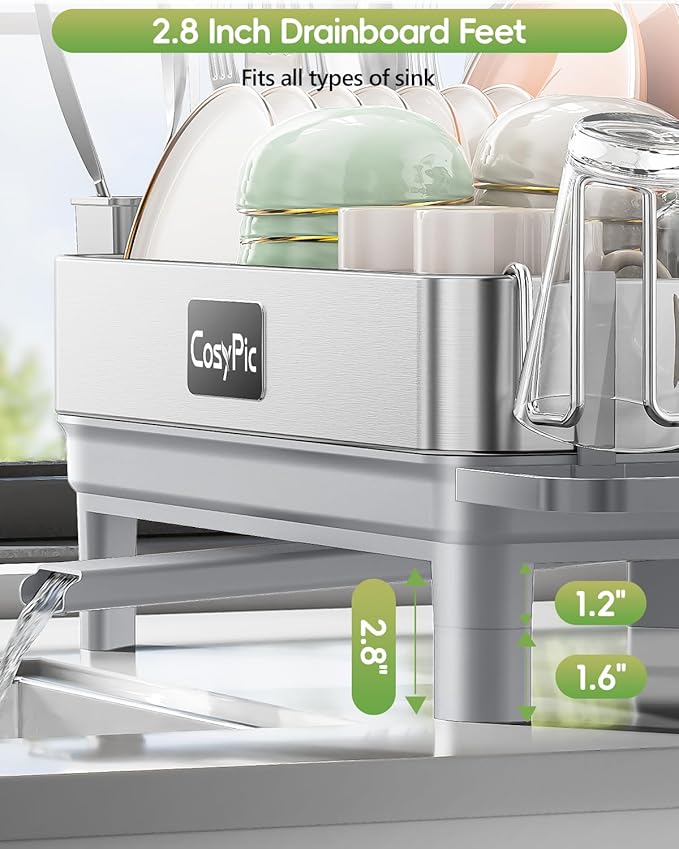 CosyPic Dish Racks, Thicker Premium 304 Stainless Steel Dish Drying Rack for Kitchen Counter, Automatic Drainage Spout, Dish Drainer & Drainboard Set with Utensil Holder and Cup Holder, Grey