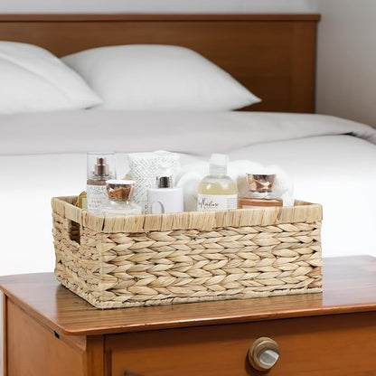 Wicker Baskets, Baskets for Organizing, Rattan Woven Basket for Storage, Organizer Bins with Built-in Handles, Storage Basket for Shelves (Water Hyacinth, Large)