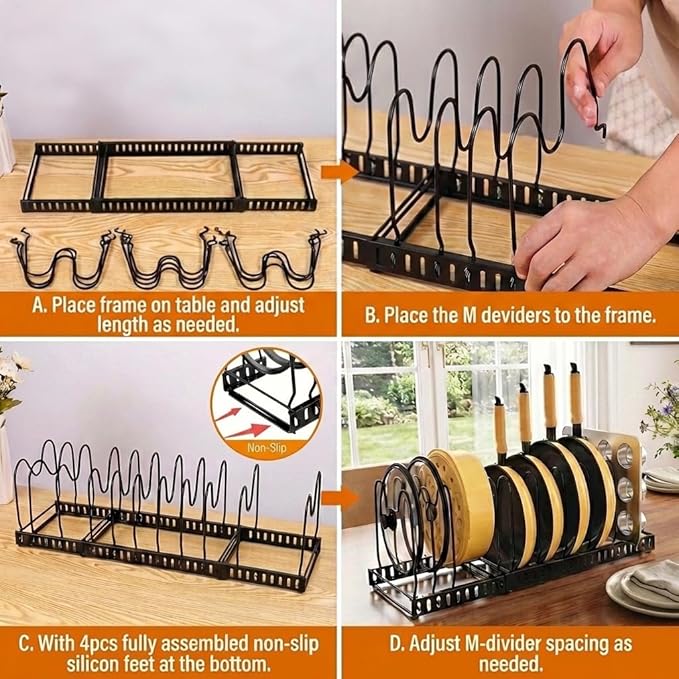 Besda Pot and Pan Organizer Rack for Cabinet, Expandable Pot Lid Organizer Holder with 12 Adjustable Compartment for Kitchen Cutting Board, Pan Lid, Cabinet Cookware Baking