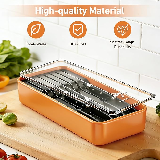 MAD SHARK 2-in-1 Detachable Knife Block & Silverware Organizer, Drawer Knife Holder for 7 Knives, BPA-Free, Blade-Safe Slots, Save Counter Space, Kitchen Drawer or Counter Storage, No Knives
