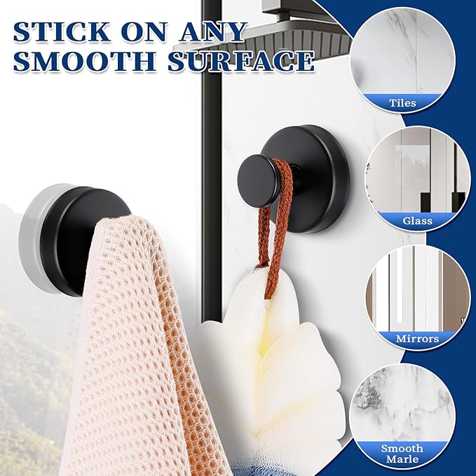 warlve Suction Cup Hooks No Drill Stainless Steel Shower Hooks Towel Hook Heavy Duty on Smooth and Non-Porous Surfaces in Bathrooms Kitchen Bedroom (2, Matte Black)
