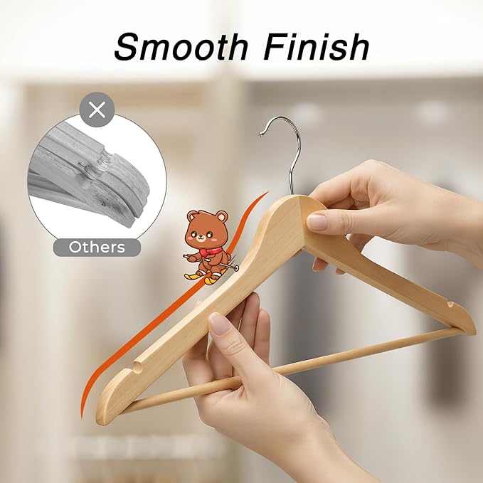 HOUSE DAY Slim Wooden Hangers 20 Pack, Solid Wood Hanger with Non Slip Shoulder Notches & Pant Bar, Smooth Finish Wood Clothes Hangers for Shirts, Suits, Jackets, Natural