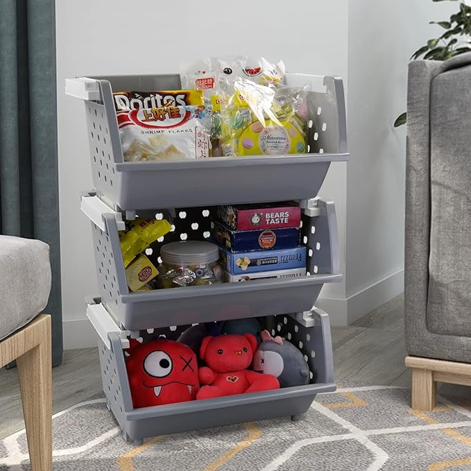 3 Pack Gray Large Stacking Basket Bin, Open Front Stackable Storage Baskets