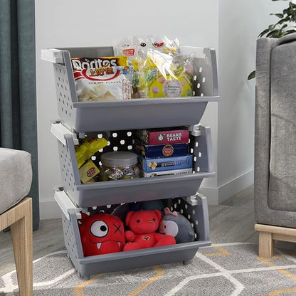 3 Pack Gray Large Stacking Basket Bin, Open Front Stackable Storage Baskets