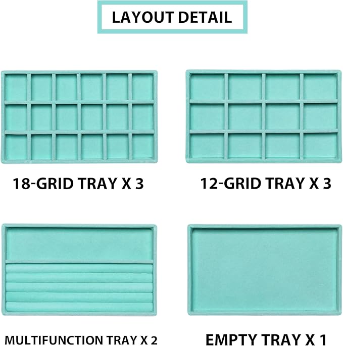 Frebeauty Jewelry Organizer Tray,Stackable Velvet Jewelry Trays,Drawer Inserts Earring Organizer For Women Jewelry Storage Display Case for Rings Stud Necklaces,8.3 x 4.9 x 1 Inches (Turquoise)